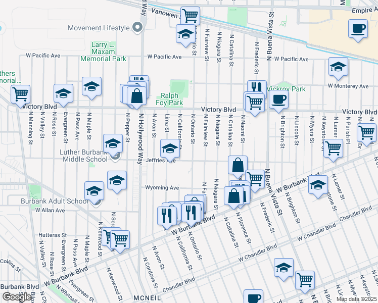 map of restaurants, bars, coffee shops, grocery stores, and more near 1517 North Ontario Street in Burbank