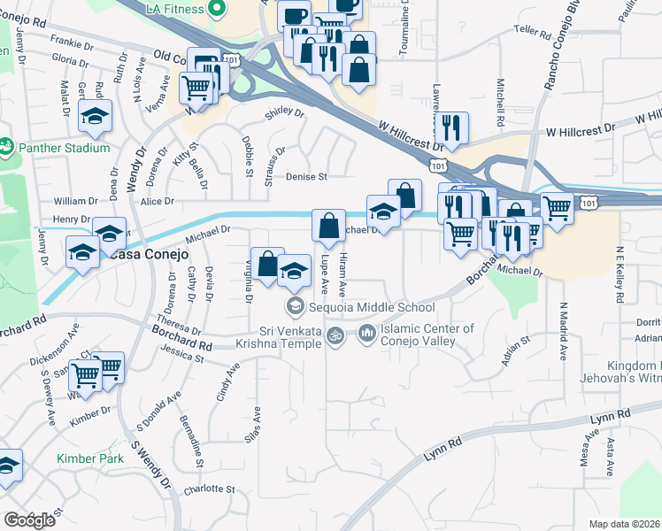 map of restaurants, bars, coffee shops, grocery stores, and more near 236 Lupe Avenue in Thousand Oaks