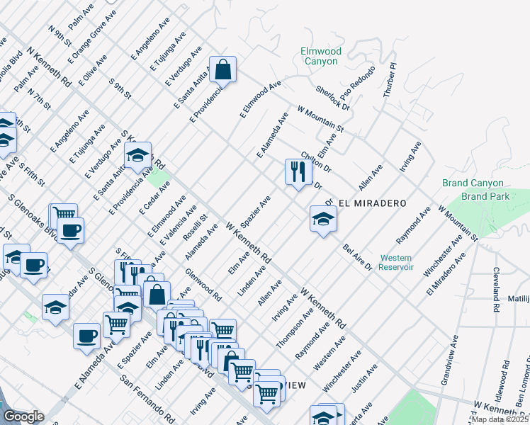 map of restaurants, bars, coffee shops, grocery stores, and more near 1350 Spazier Avenue in Glendale