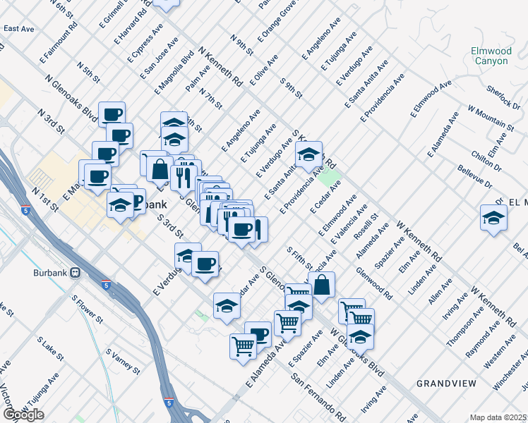 map of restaurants, bars, coffee shops, grocery stores, and more near 541 East Santa Anita Avenue in Burbank