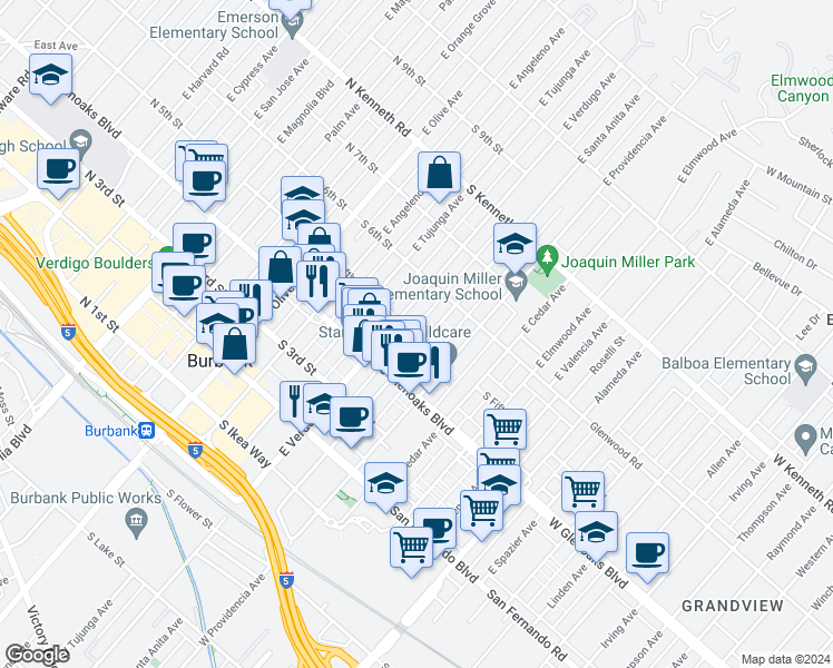 map of restaurants, bars, coffee shops, grocery stores, and more near 480 East Verdugo Avenue in Burbank