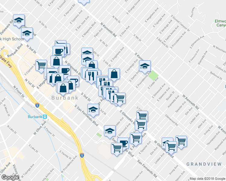 map of restaurants, bars, coffee shops, grocery stores, and more near 480 East Verdugo Avenue in Burbank