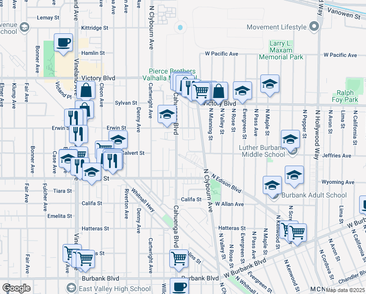 map of restaurants, bars, coffee shops, grocery stores, and more near 6101 Clybourn Avenue in Los Angeles