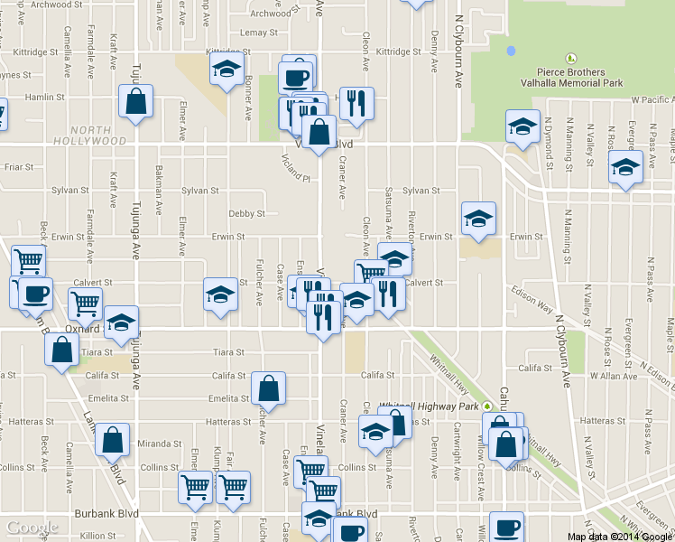 map of restaurants, bars, coffee shops, grocery stores, and more near 6120 Vineland Avenue in Los Angeles