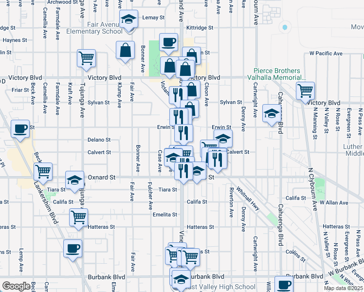 map of restaurants, bars, coffee shops, grocery stores, and more near 6126 Ensign Avenue in Los Angeles
