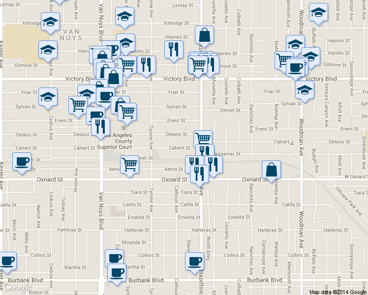 map of restaurants, bars, coffee shops, grocery stores, and more near 14145 Calvert Street in Los Angeles