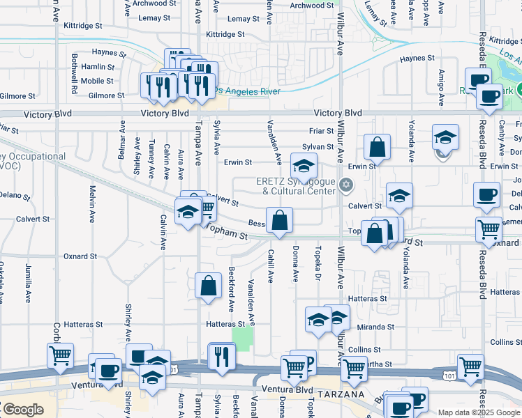 map of restaurants, bars, coffee shops, grocery stores, and more near 19129 Calvert Street in Los Angeles