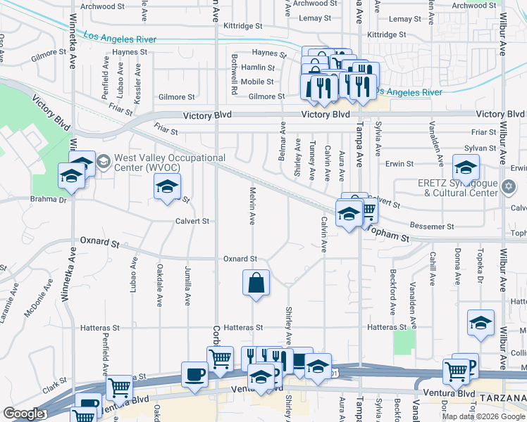 map of restaurants, bars, coffee shops, grocery stores, and more near 6120 Melvin Avenue in Los Angeles