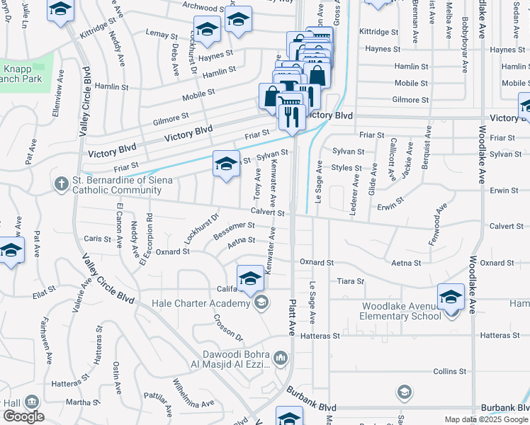 map of restaurants, bars, coffee shops, grocery stores, and more near 23717 Calvert Street in Los Angeles