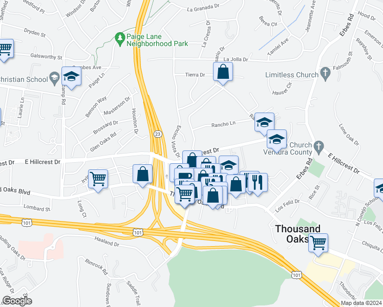 map of restaurants, bars, coffee shops, grocery stores, and more near 226 Rancho Road in Thousand Oaks