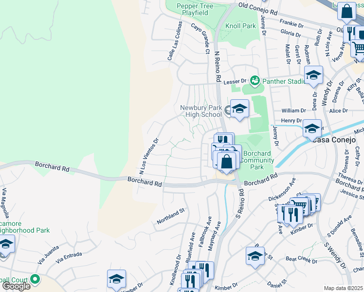 map of restaurants, bars, coffee shops, grocery stores, and more near 3919 San Clemente Court in Thousand Oaks