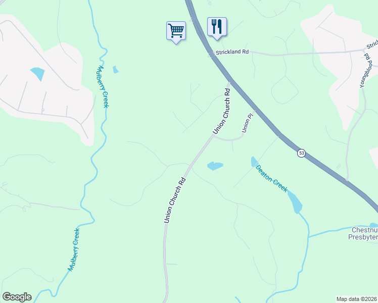 map of restaurants, bars, coffee shops, grocery stores, and more near 4524 Union Church Road in Flowery Branch