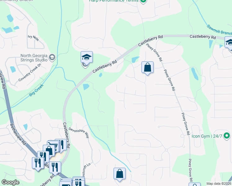 map of restaurants, bars, coffee shops, grocery stores, and more near 5455 Kings Hill Drive in Cumming