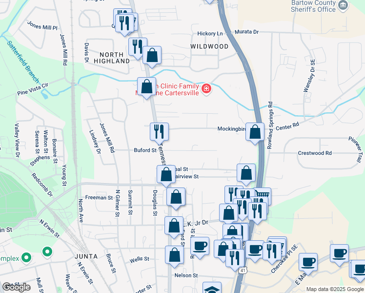 map of restaurants, bars, coffee shops, grocery stores, and more near 14 Townsley Drive in Cartersville