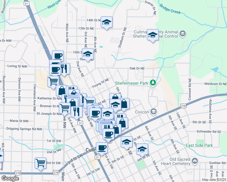 map of restaurants, bars, coffee shops, grocery stores, and more near 307 Elizabeth Street Northeast in Cullman