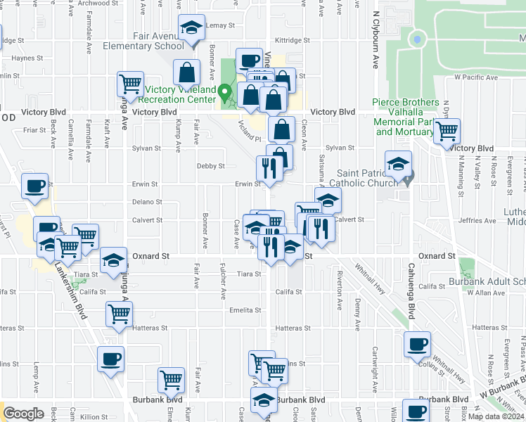 map of restaurants, bars, coffee shops, grocery stores, and more near 6117 Vineland Avenue in Los Angeles