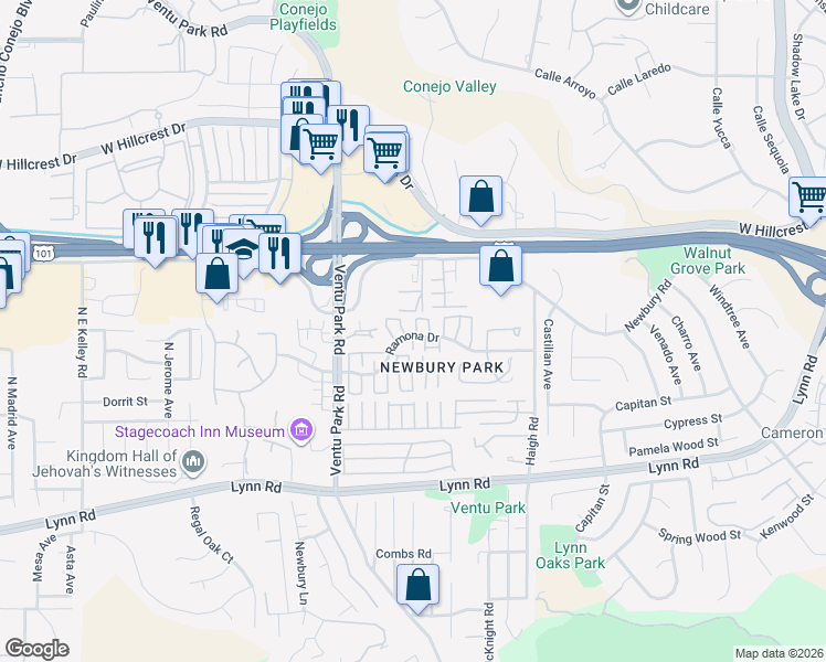 map of restaurants, bars, coffee shops, grocery stores, and more near 1299 Ramona Drive in Thousand Oaks
