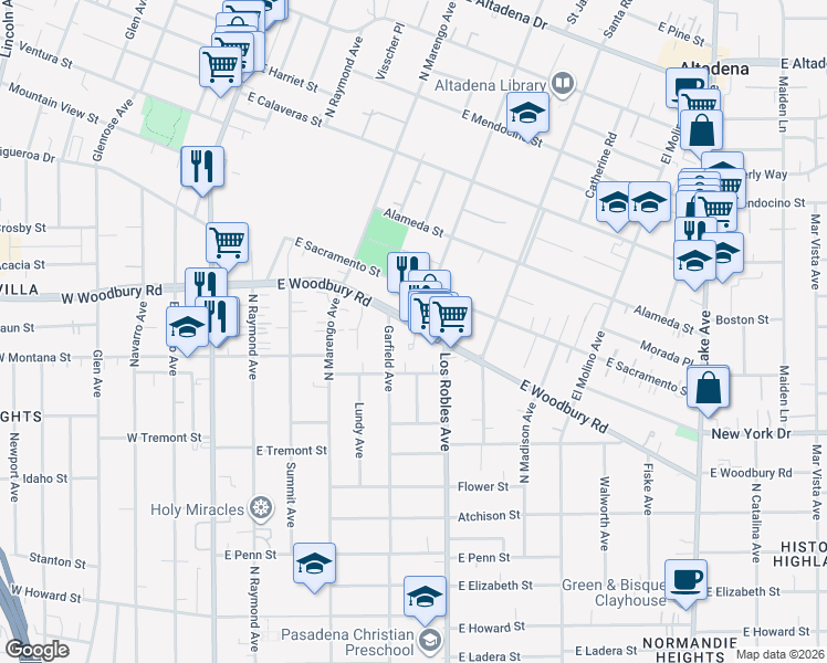 map of restaurants, bars, coffee shops, grocery stores, and more near 376 East Woodbury Road in Altadena