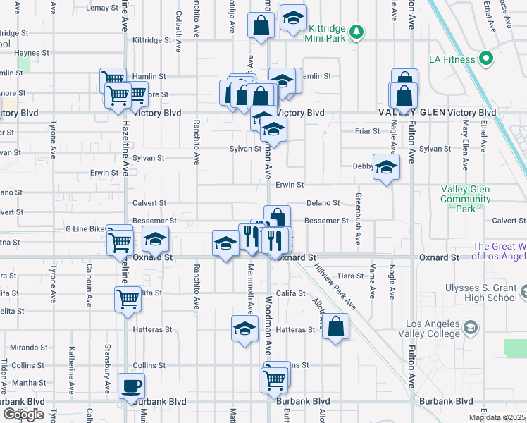 map of restaurants, bars, coffee shops, grocery stores, and more near 6126 Woodman Avenue in Los Angeles