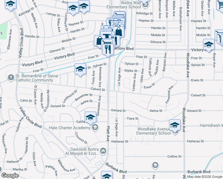map of restaurants, bars, coffee shops, grocery stores, and more near 6130 Platt Avenue in Los Angeles