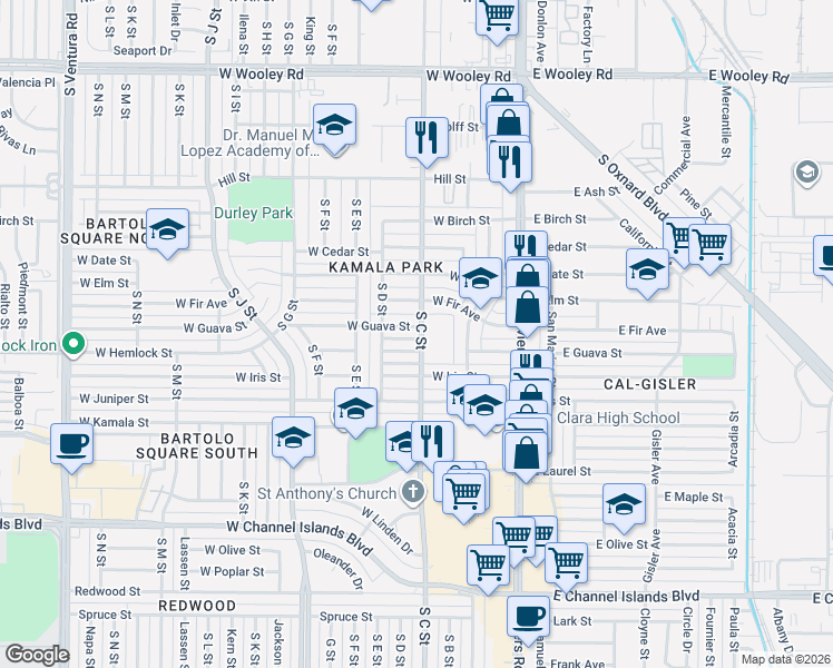 map of restaurants, bars, coffee shops, grocery stores, and more near 1800 South C Street in Oxnard