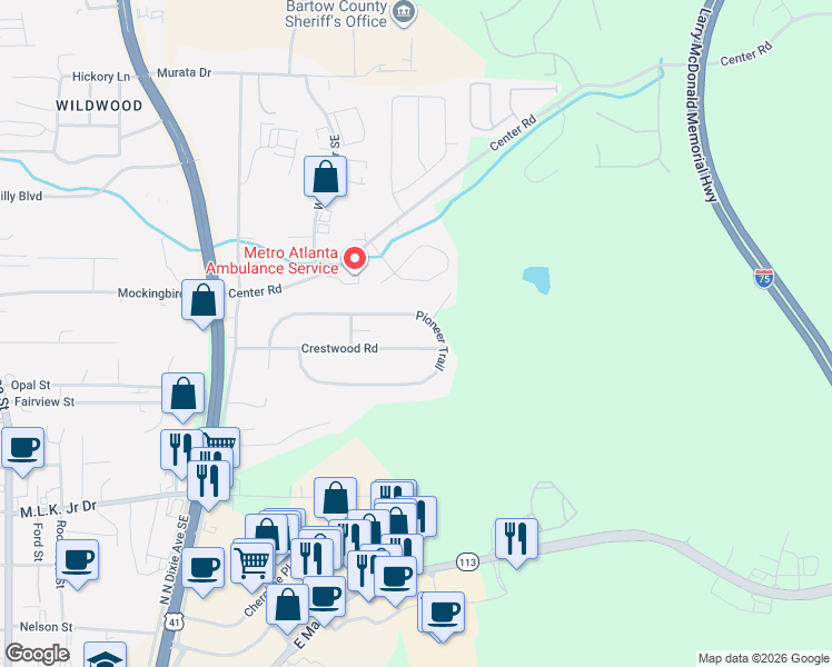 map of restaurants, bars, coffee shops, grocery stores, and more near 116 Pioneer Trail in Cartersville