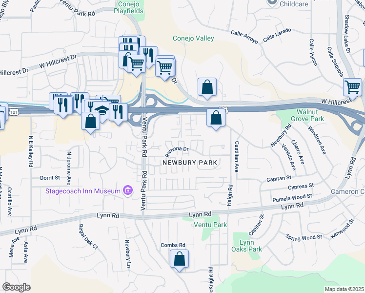 map of restaurants, bars, coffee shops, grocery stores, and more near 1277 Ramona Drive in Thousand Oaks