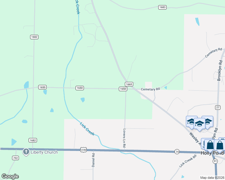 map of restaurants, bars, coffee shops, grocery stores, and more near 3535 County Road 1650 in Holly Pond