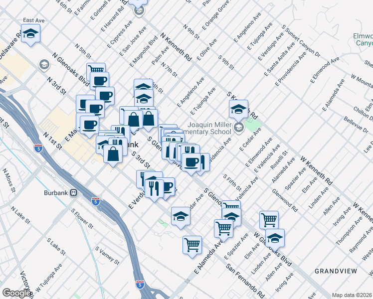 map of restaurants, bars, coffee shops, grocery stores, and more near 480 East Verdugo Avenue in Burbank