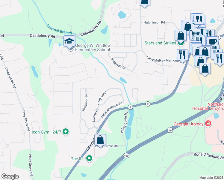 map of restaurants, bars, coffee shops, grocery stores, and more near 1640 Unity Loop in Cumming