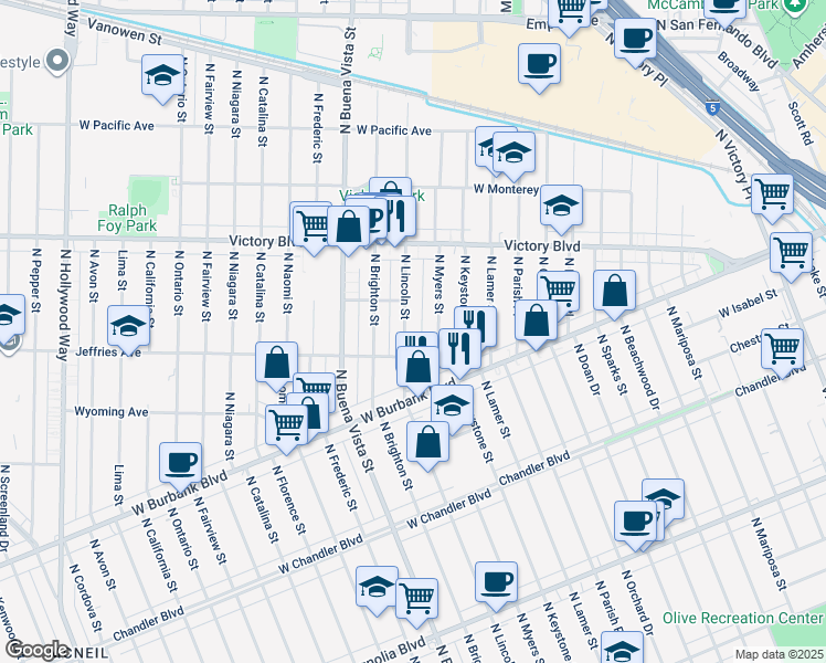 map of restaurants, bars, coffee shops, grocery stores, and more near 1233 North Myers Street in Burbank