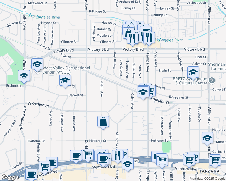 map of restaurants, bars, coffee shops, grocery stores, and more near 6125 Shirley Avenue in Los Angeles