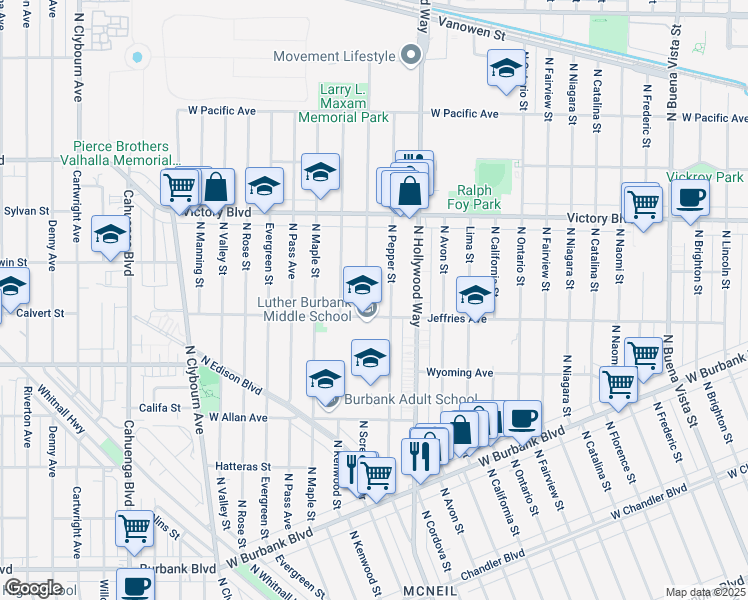 map of restaurants, bars, coffee shops, grocery stores, and more near 1823 North Screenland Drive in Burbank