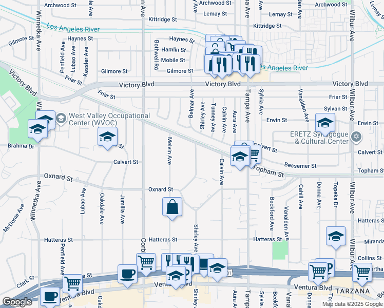 map of restaurants, bars, coffee shops, grocery stores, and more near 6125 Shirley Avenue in Los Angeles