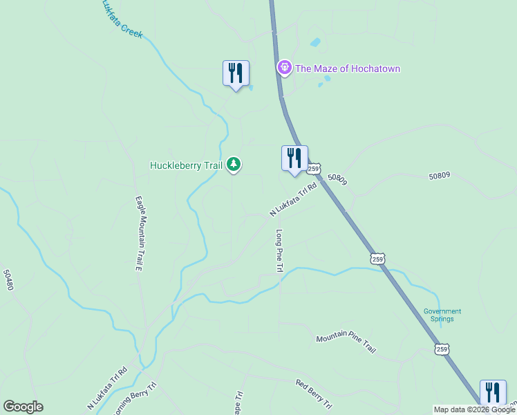 map of restaurants, bars, coffee shops, grocery stores, and more near 121 Lukfata Trail in Broken Bow