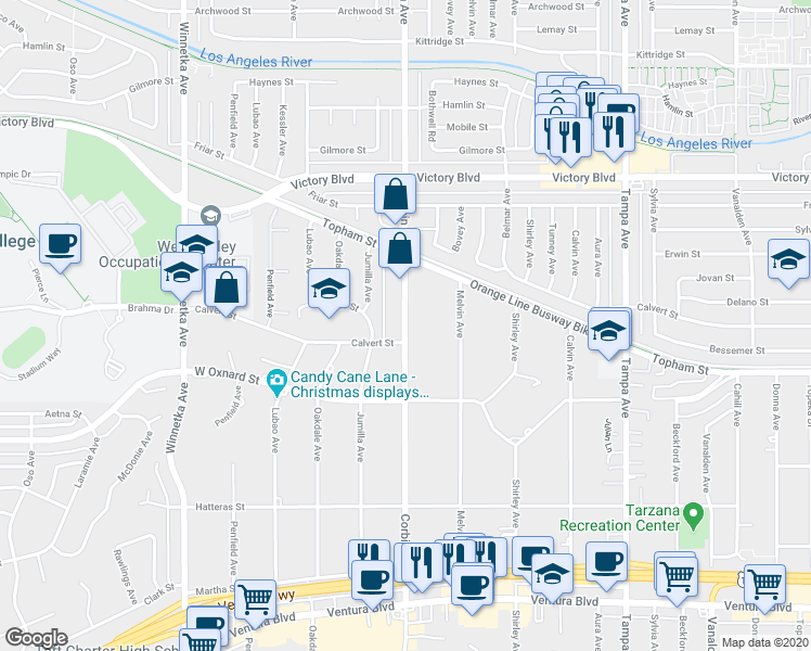map of restaurants, bars, coffee shops, grocery stores, and more near 6134 Corbin Avenue in Los Angeles