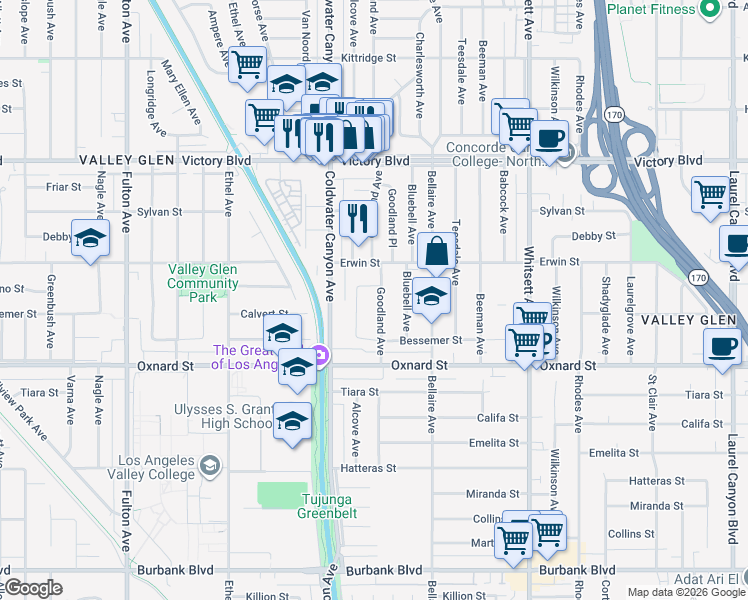 map of restaurants, bars, coffee shops, grocery stores, and more near 6128 Goodland Avenue in Los Angeles