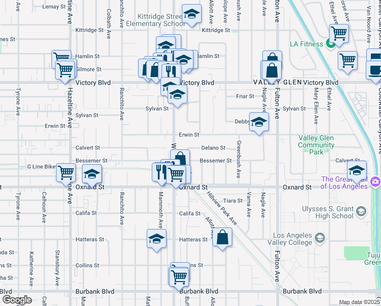 map of restaurants, bars, coffee shops, grocery stores, and more near 6114 Buffalo Avenue in Los Angeles