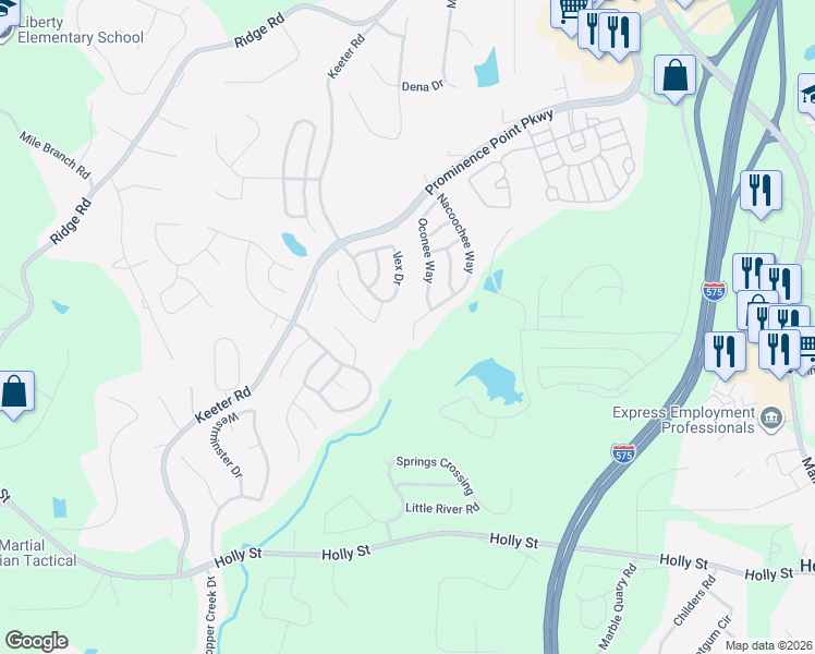 map of restaurants, bars, coffee shops, grocery stores, and more near 168 Nacoochee Way in Canton