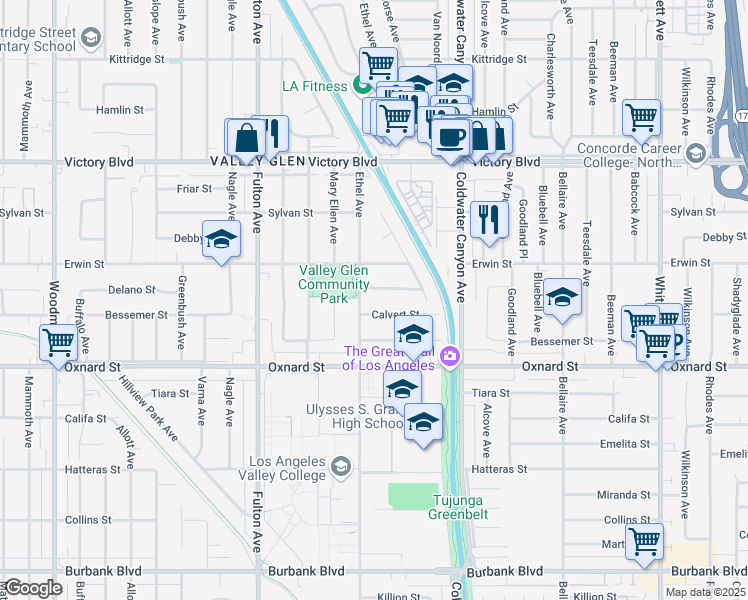 map of restaurants, bars, coffee shops, grocery stores, and more near 6118 Ethel Avenue in Los Angeles