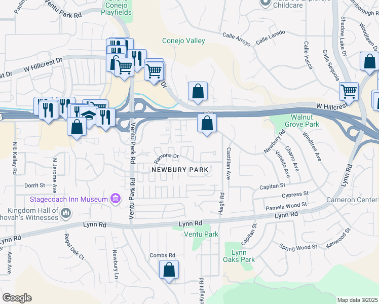 map of restaurants, bars, coffee shops, grocery stores, and more near 1183 Ramona Drive in Thousand Oaks