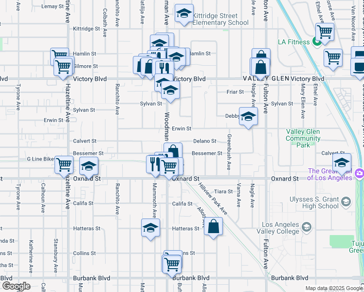 map of restaurants, bars, coffee shops, grocery stores, and more near 6114 Buffalo Avenue in Los Angeles