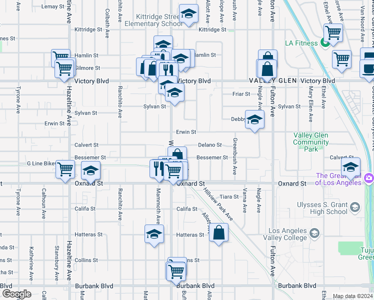 map of restaurants, bars, coffee shops, grocery stores, and more near 6114 Buffalo Avenue in Los Angeles