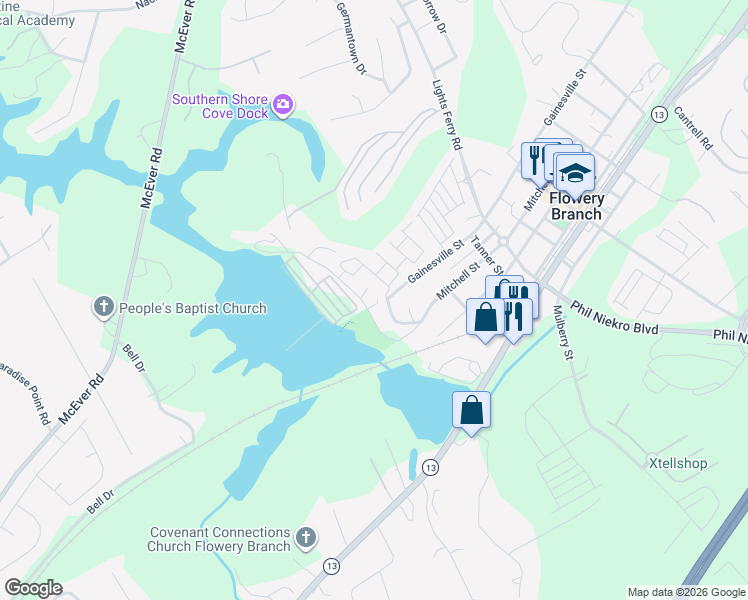 map of restaurants, bars, coffee shops, grocery stores, and more near 6204 Mitchell Street in Flowery Branch
