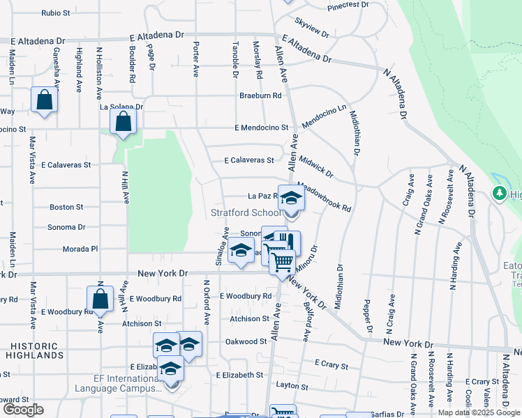 map of restaurants, bars, coffee shops, grocery stores, and more near 1807 Vistillas Road in Altadena