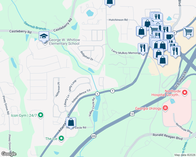 map of restaurants, bars, coffee shops, grocery stores, and more near 1138 Firethorne Pass in Cumming