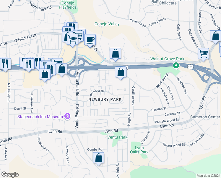 map of restaurants, bars, coffee shops, grocery stores, and more near 1183 Ramona Drive in Thousand Oaks