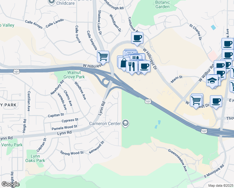 map of restaurants, bars, coffee shops, grocery stores, and more near 449 Cherry Hills Lane in Thousand Oaks