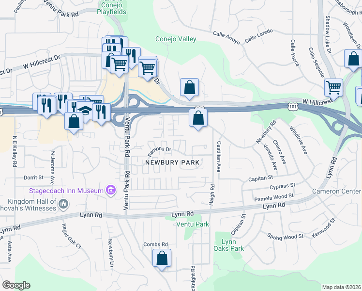 map of restaurants, bars, coffee shops, grocery stores, and more near 1193 Ramona Drive in Thousand Oaks