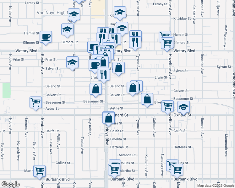 map of restaurants, bars, coffee shops, grocery stores, and more near 14423 Calvert Street in Los Angeles
